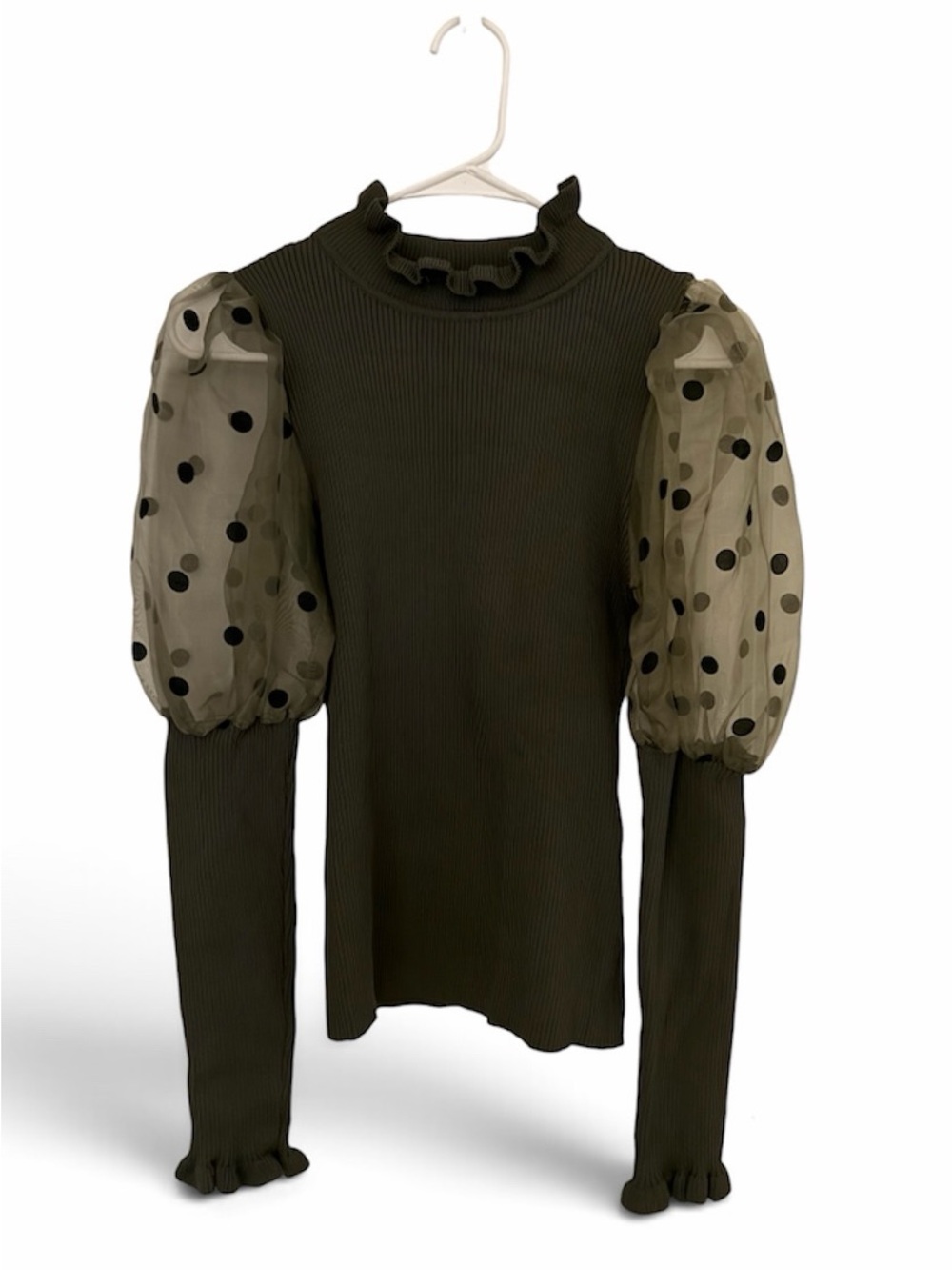 Olive Puff-Sleeve Ruffle Neck Sweater Top